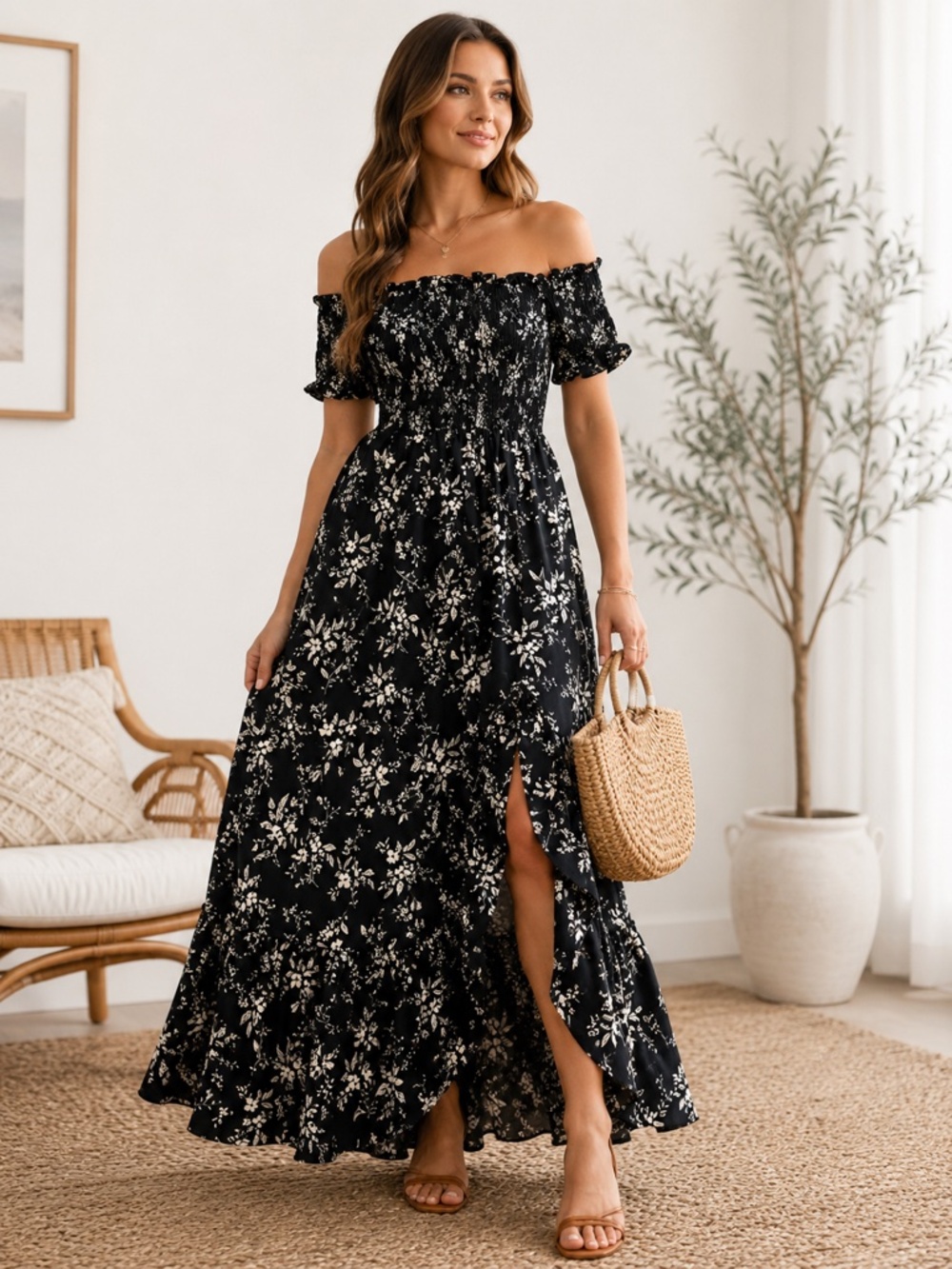 Blue Rain Black & White Floral Smocked Maxi Dress Boho Cottagecore Small